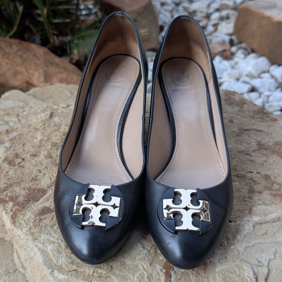 Tory Burch Black Wedges with Gold Accent Size 7 - Picture 1 of 6